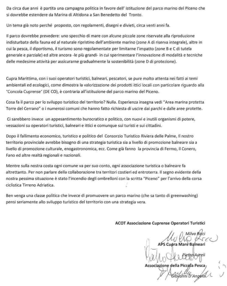 Parco Marino del Piceno? No, grazie: a Cupra Marittima sono tutti Contrari
