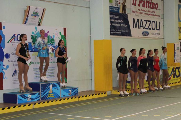 Roller Cento pattinaggio artistico di Centobuchi d’oro e d’argento ai tricolori Aics di Misano