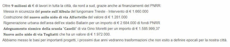 Oltre 9000000 € di lavori in tutta la Città