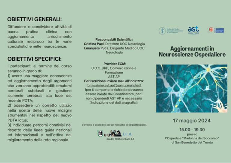 A SAN BENEDETTO ESPERTI NEUROLOGI DA TUTTA ITALIA  PER APPROFONDIRE IMPORTANTI TEMATICHE DELLE NEUROSCIENZE OSPEDALIERE