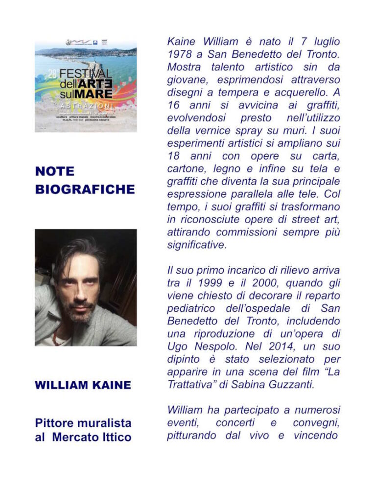 WILLIAM KAINE verso il 28° Festival dell’Arte sul Mare