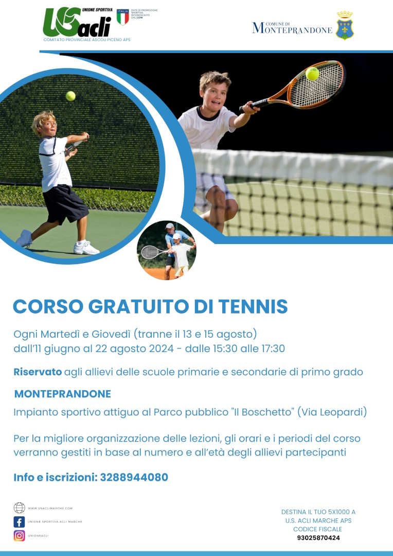 A Monteprandone un corso gratuito di tennis per bambini e ragazzi