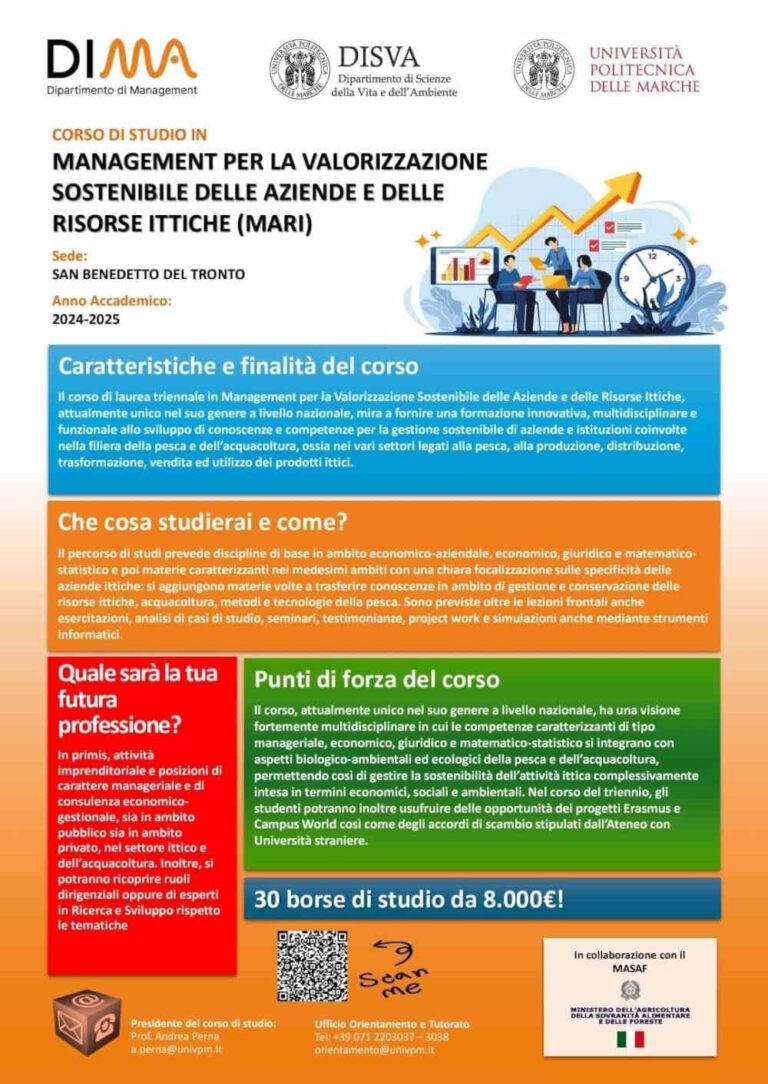 Laurea in “Management per la valorizzazione sostenibile delle aziende e delle risorse ittiche”, ultimi giorni per iscriversi