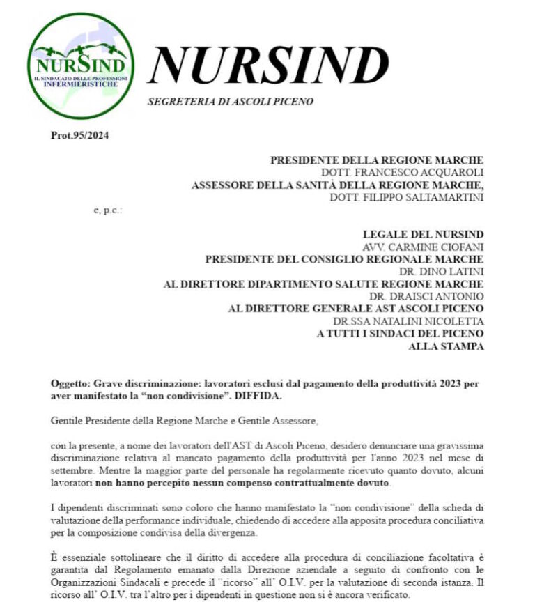 Nursind: ‘Grave discriminazione: lavoratori esclusi dal pagamento della produttività 2023 per aver manifestato la “non condivisione”. DIFFIDA’