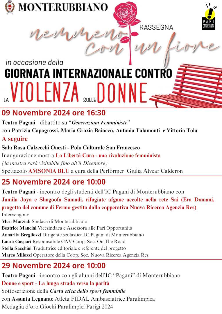 MONTERUBBIANO: DA DOMANI AL VIA IL MESE DI “NEMMENO CON UN FIORE”, IN OCCASIONE DELLA GIORNATA INTERNAZIONALE CONTRO LA VIOLENZA SULLE DONNE