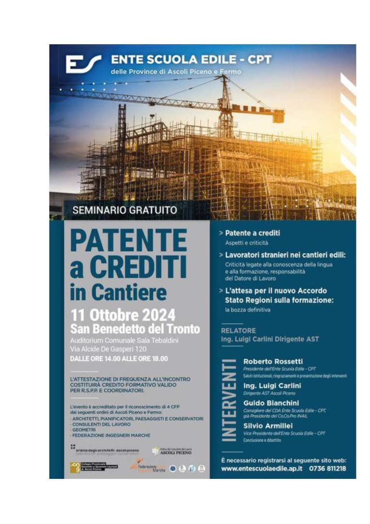Patente a punti in edilizia: seminario Ente scuola edile Ascoli Piceno e Fermo
