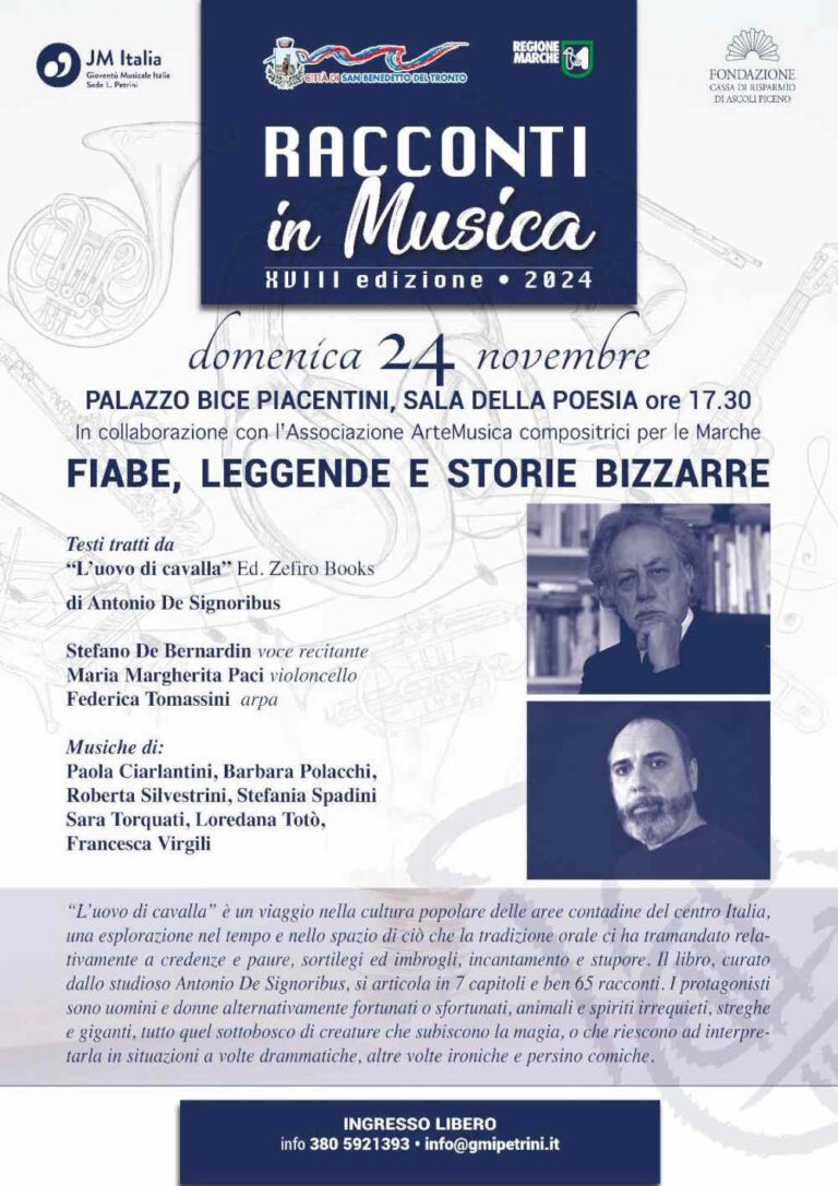 Arpa, violoncello e voce per le fiabe di Antonio De Signoribus al Palazzo Piacentini