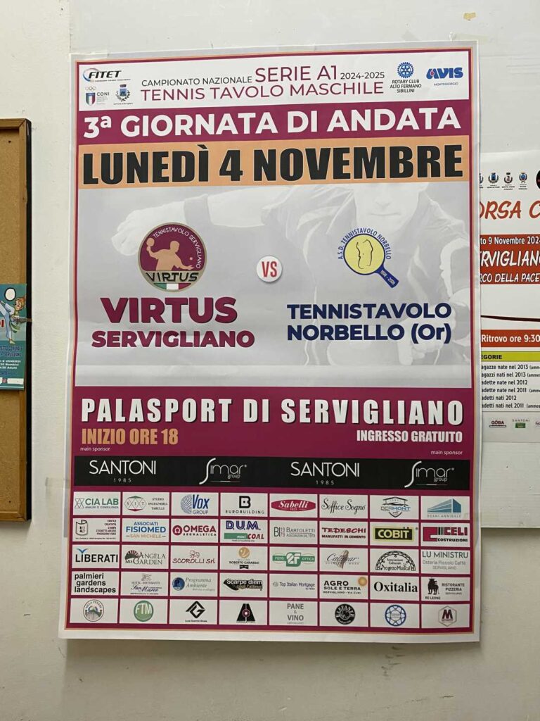 Tennis Tavolo A1 maschile, Virtus Servigliano – Norbello ( OR) 4 – 1
