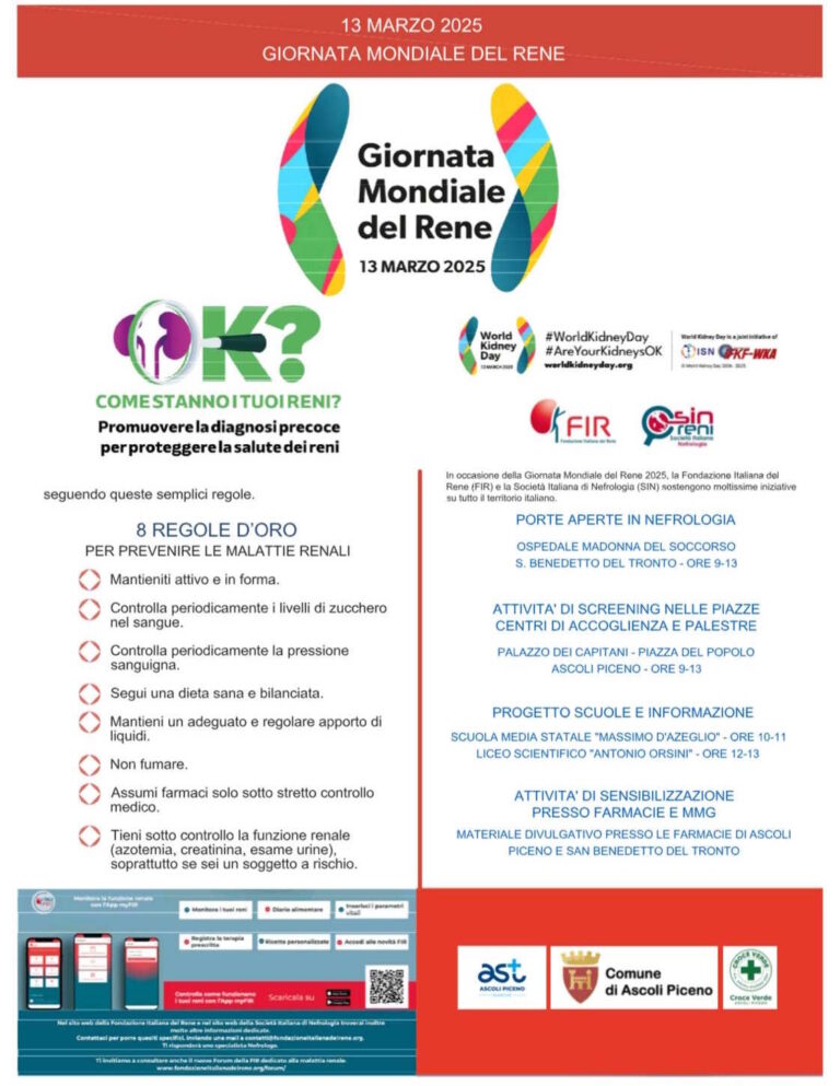 GIORNATA MONDIALE DEL RENE: SCREENING NEGLI AMBULATORI DELLA NEFROLOGIA ALL’OSPEDALE DI SAN BENEDETTO E AL PALAZZO DEI CAPITANI AD ASCOLI
