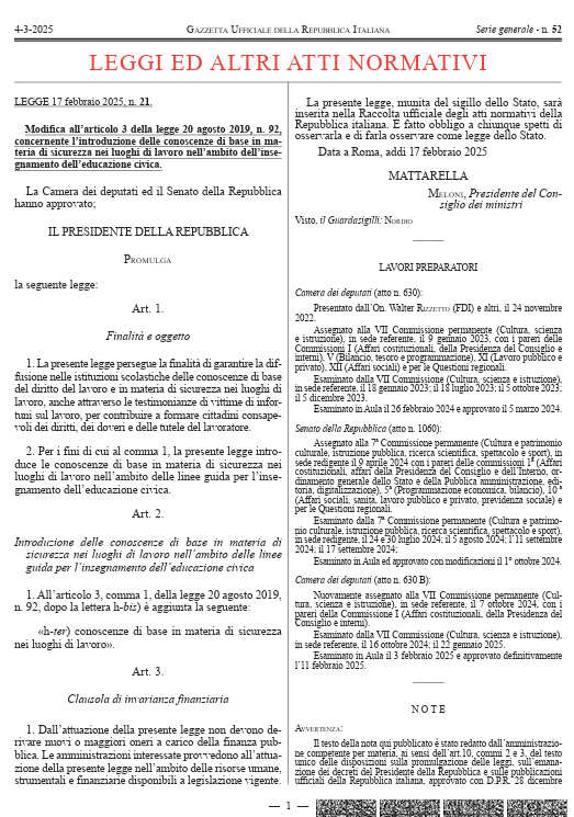 IL PARLAMENTO APPROVA L’INTRODUZIONE DELLE CONOSCENZE IN MATERIA DI SICUREZZA NEI LUOGHI DI LAVORO!