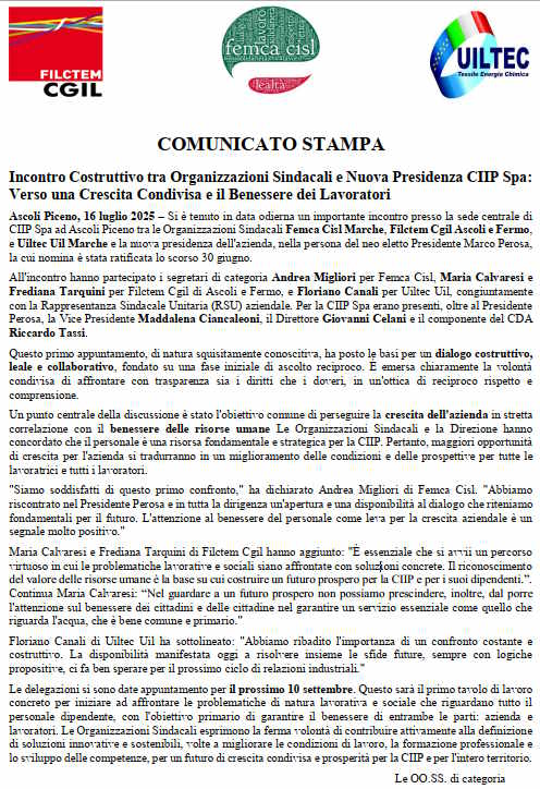 Incontro Costruttivo tra Organizzazioni Sindacali e Nuova Presidenza CIIP Spa