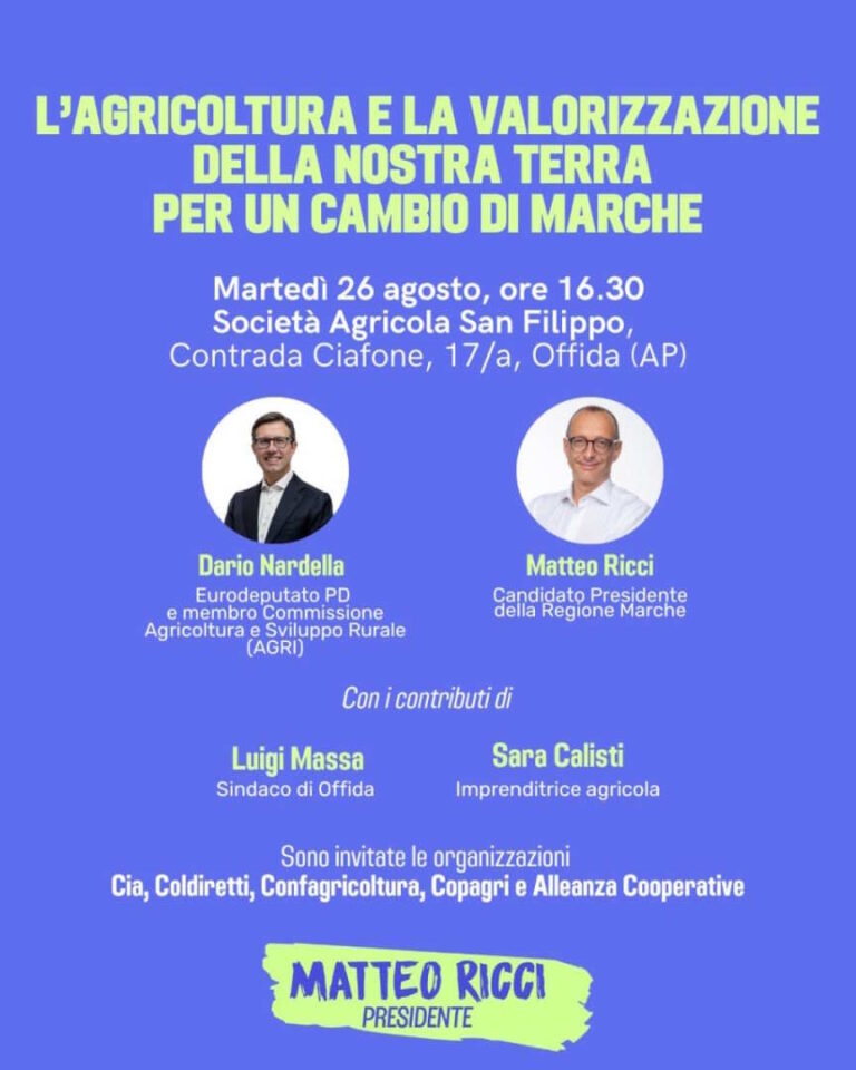 Ricci, il secondo evento tematico è dedicato all’agricoltura: si terrà a Offida (AP) alle 16:30 presso la società agricola San Filippo