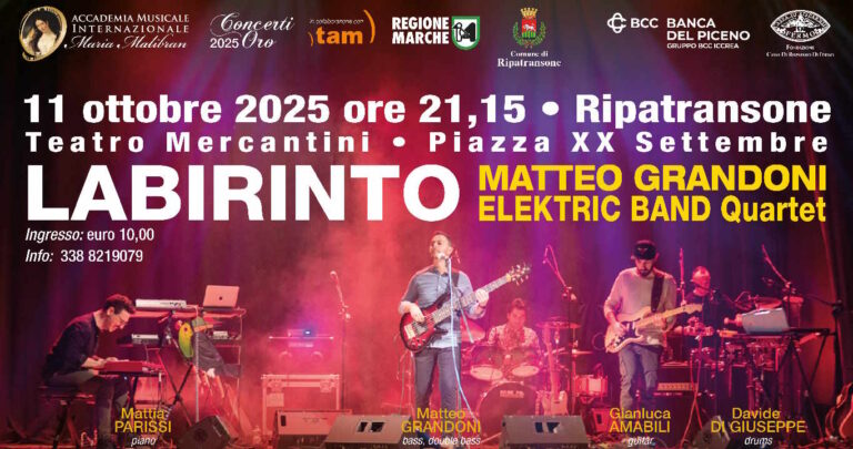 Teatro Luigi Mercantini: concerto Malibran Jazz “Labirinto”, con protagonista la Matteo Grandoni Elektric Band Quartet