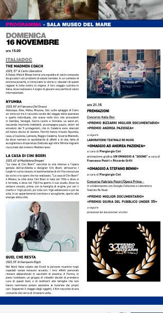 32a Rassegna del Documentario ‘Premio Libero Bizzarri’: programma domenica ultima giornata